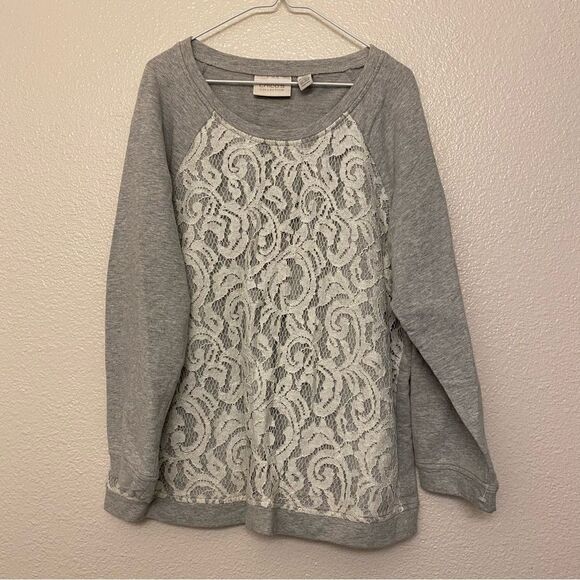 Chico’s Collection crewneck gray long sleeve sweatshirt white lace overlay 0/S/4 - Picture 1 of 6